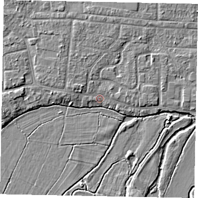 Shaded relief map of the ground around GU229LW, computed from Environment Agency LiDAR. The ground here sits at about 23 m above sea level and falls 4 m across the surrounding 800 m. Surface water reaching this point runs off ground lying to the north-west, 2.6 m higher.