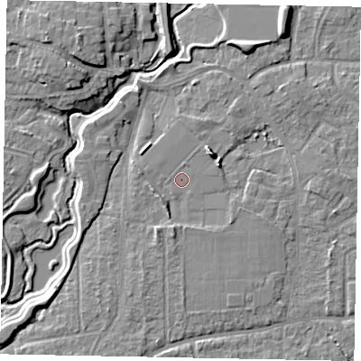 Shaded relief map of the ground around GU229PF, computed from Environment Agency LiDAR. The ground here sits at about 25 m above sea level and falls 8 m across the surrounding 800 m. Surface water reaching this point runs off ground lying to the south-west, 2.0 m higher.