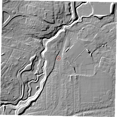 Shaded relief map of the ground around GU229PG, computed from Environment Agency LiDAR. The ground here sits at about 25 m above sea level and falls 9 m across the surrounding 800 m. Surface water reaching this point runs off ground lying to the south-south-west, 3.2 m higher.