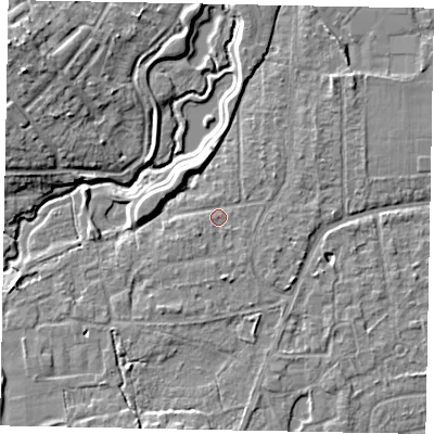 Shaded relief map of the ground around GU229PJ, computed from Environment Agency LiDAR. The ground here sits at about 26 m above sea level and falls 10 m across the surrounding 800 m. Surface water reaching this point runs off ground lying to the south-west, 1.2 m higher.