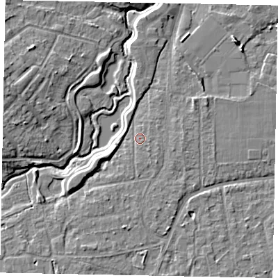 Shaded relief map of the ground around GU229PL, computed from Environment Agency LiDAR. The ground here sits at about 26 m above sea level and falls 9 m across the surrounding 800 m. Surface water reaching this point runs off ground lying to the south-south-east, 1.3 m higher.
