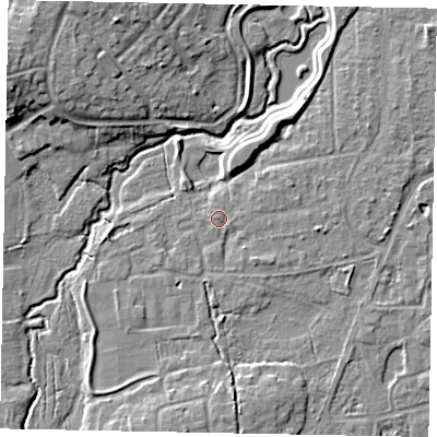 Shaded relief map of the ground around GU229PS, computed from Environment Agency LiDAR. The ground here sits at about 26 m above sea level and falls 11 m across the surrounding 800 m. Surface water reaching this point runs off ground lying to the east, 0.7 m higher.