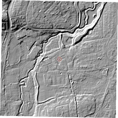 Shaded relief map of the ground around GU229PT, computed from Environment Agency LiDAR. The ground here sits at about 25 m above sea level and falls 14 m across the surrounding 800 m. Surface water reaching this point runs off ground lying to the south-south-east, 3.8 m higher.