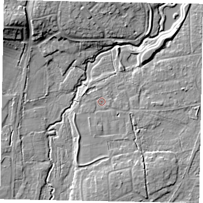Shaded relief map of the ground around GU229PY, computed from Environment Agency LiDAR. The ground here sits at about 26 m above sea level and falls 14 m across the surrounding 800 m. Surface water reaching this point runs off ground lying to the south-south-east, 4.6 m higher.