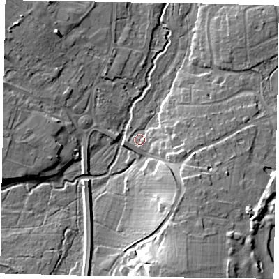 Shaded relief map of the ground around GU229QT, computed from Environment Agency LiDAR. The ground here sits at about 26 m above sea level and falls 16 m across the surrounding 800 m. Surface water reaching this point runs off ground lying to the west-south-west, 1.8 m higher.