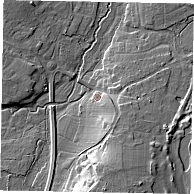 Shaded relief map of the ground around GU229QX, computed from Environment Agency LiDAR. The ground here sits at about 29 m above sea level and falls 17 m across the surrounding 800 m. Surface water reaching this point runs off ground lying to the south-south-east, 9.2 m higher.