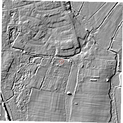 Shaded relief map of the ground around GU229RB, computed from Environment Agency LiDAR. The ground here sits at about 25 m above sea level and falls 7 m across the surrounding 800 m. Surface water reaching this point runs off ground lying to the south-west, 4.1 m higher.