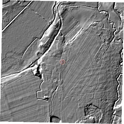Shaded relief map of the ground around GU236AL, computed from Environment Agency LiDAR. The ground here sits at about 22 m above sea level and falls 9 m across the surrounding 800 m. Surface water reaching this point runs off ground lying to the south-south-west, 1.0 m higher.