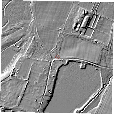 Shaded relief map of the ground around GU236DJ, computed from Environment Agency LiDAR. The ground here sits at about 22 m above sea level and falls 12 m across the surrounding 800 m. Surface water reaching this point runs off ground lying to the south, 3.3 m higher.