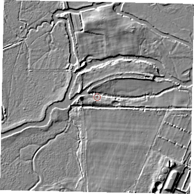 Shaded relief map of the ground around GU236DP, computed from Environment Agency LiDAR. The ground here sits at about 20 m above sea level and falls 6 m across the surrounding 800 m. Surface water reaching this point runs off ground lying to the west-north-west, 3.9 m higher.