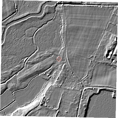 Shaded relief map of the ground around GU236DR, computed from Environment Agency LiDAR. The ground here sits at about 21 m above sea level and falls 12 m across the surrounding 800 m. Surface water reaching this point runs off ground lying to the south-south-east, 2.1 m higher.