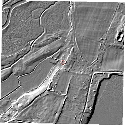 Shaded relief map of the ground around GU236DS, computed from Environment Agency LiDAR. The ground here sits at about 22 m above sea level and falls 10 m across the surrounding 800 m. Surface water reaching this point runs off ground lying to the east, 1.8 m higher.