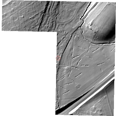 Shaded relief map of the ground around GU236HD, computed from Environment Agency LiDAR. The ground here sits at about 36 m above sea level and falls 18 m across the surrounding 800 m. Surface water reaching this point runs off ground lying to the south, 9.6 m higher.