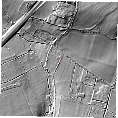 Shaded relief map of the ground around GU236HS, computed from Environment Agency LiDAR. The ground here sits at about 35 m above sea level and falls 18 m across the surrounding 800 m. Surface water reaching this point runs off ground lying to the south, 1.3 m higher.