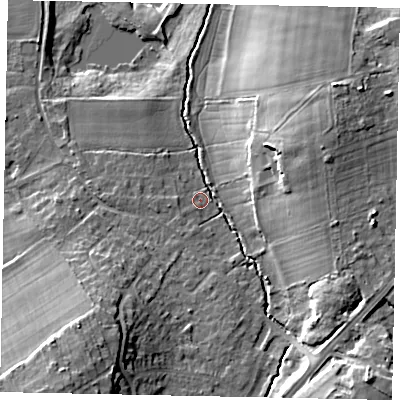 Shaded relief map of the ground around GU236JJ, computed from Environment Agency LiDAR. The ground here sits at about 28 m above sea level and falls 19 m across the surrounding 800 m. Surface water reaching this point runs off ground lying to the south-west, 14.3 m higher.
