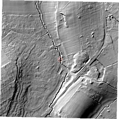 Shaded relief map of the ground around GU236JR, computed from Environment Agency LiDAR. The ground here sits at about 30 m above sea level and falls 15 m across the surrounding 800 m. Surface water reaching this point runs off ground lying to the south-west, 13.3 m higher.
