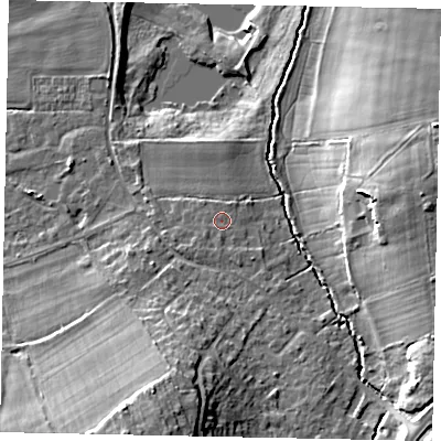 Shaded relief map of the ground around GU236JW, computed from Environment Agency LiDAR. The ground here sits at about 29 m above sea level and falls 18 m across the surrounding 800 m. Surface water reaching this point runs off ground lying to the south-west, 0.6 m higher.