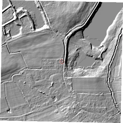 Shaded relief map of the ground around GU236JX, computed from Environment Agency LiDAR. The ground here sits at about 27 m above sea level and falls 9 m across the surrounding 800 m. Surface water reaching this point runs off ground lying to the south-south-east, 1.9 m higher.