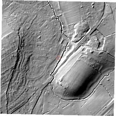 Shaded relief map of the ground around GU236JY, computed from Environment Agency LiDAR. The ground here sits at about 30 m above sea level and falls 17 m across the surrounding 800 m. Surface water reaching this point runs off ground lying to the east, 11.7 m higher.