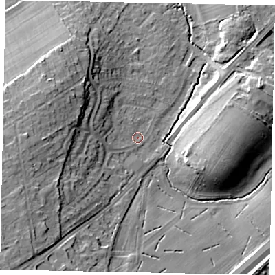 Shaded relief map of the ground around GU236JZ, computed from Environment Agency LiDAR. The ground here sits at about 31 m above sea level and falls 18 m across the surrounding 800 m. Surface water reaching this point runs off ground lying to the west-south-west, 13.4 m higher.