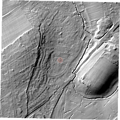 Shaded relief map of the ground around GU236LF, computed from Environment Agency LiDAR. The ground here sits at about 31 m above sea level and falls 18 m across the surrounding 800 m. Surface water reaching this point runs off ground lying to the west-south-west, 4.7 m higher.