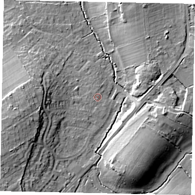 Shaded relief map of the ground around GU236LT, computed from Environment Agency LiDAR. The ground here sits at about 30 m above sea level and falls 17 m across the surrounding 800 m. Surface water reaching this point runs off ground lying to the west, 6.9 m higher.