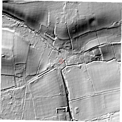 Shaded relief map of the ground around GU236NR, computed from Environment Agency LiDAR. The ground here sits at about 28 m above sea level and falls 19 m across the surrounding 800 m. Surface water reaching this point runs off ground lying to the north-east, 17.0 m higher.