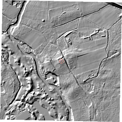 Shaded relief map of the ground around GU236QD, computed from Environment Agency LiDAR. The ground here sits at about 21 m above sea level and falls 9 m across the surrounding 800 m. Surface water reaching this point runs off ground lying to the north, 2.0 m higher.