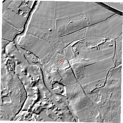 Shaded relief map of the ground around GU236QE, computed from Environment Agency LiDAR. The ground here sits at about 18 m above sea level and falls 9 m across the surrounding 800 m. Surface water reaching this point runs off ground lying to the south-east, 4.2 m higher.