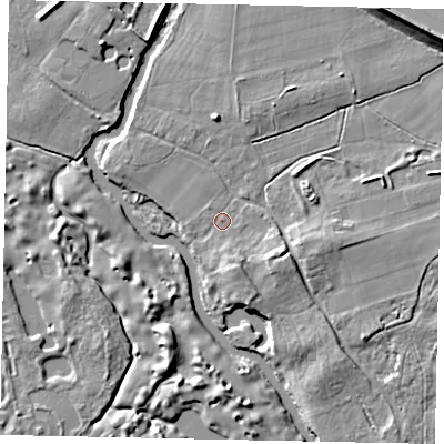 Shaded relief map of the ground around GU236QF, computed from Environment Agency LiDAR. The ground here sits at about 18 m above sea level and falls 9 m across the surrounding 800 m. Surface water reaching this point runs off ground lying to the south-south-east, 4.3 m higher.