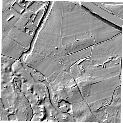Shaded relief map of the ground around GU236QG, computed from Environment Agency LiDAR. The ground here sits at about 17 m above sea level and falls 10 m across the surrounding 800 m. Surface water reaching this point runs off ground lying to the south-south-east, 0.8 m higher.