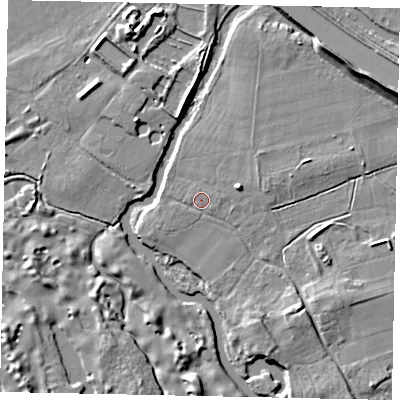 Shaded relief map of the ground around GU236QH, computed from Environment Agency LiDAR. The ground here sits at about 18 m above sea level and falls 10 m across the surrounding 800 m. Surface water reaching this point runs off ground lying to the south-west, 0.8 m higher.