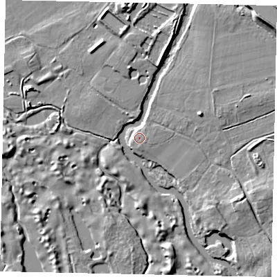 Shaded relief map of the ground around GU236QJ, computed from Environment Agency LiDAR. The ground here sits at about 18 m above sea level and falls 10 m across the surrounding 800 m. Surface water reaching this point runs off ground lying to the east-south-east, 2.8 m higher.