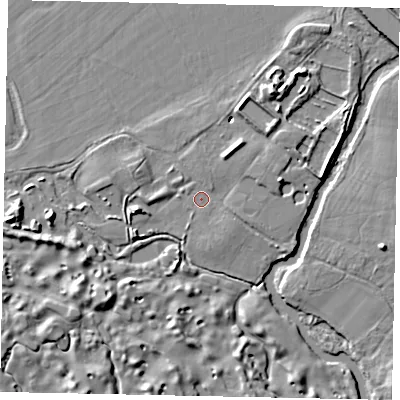 Shaded relief map of the ground around GU236QL, computed from Environment Agency LiDAR. The ground here sits at about 17 m above sea level and falls 8 m across the surrounding 800 m. Surface water reaching this point runs off ground lying to the north-north-east, 3.1 m higher.