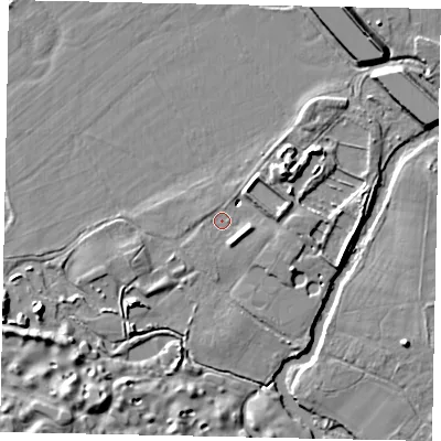 Shaded relief map of the ground around GU236QN, computed from Environment Agency LiDAR. The ground here sits at about 17 m above sea level and falls 8 m across the surrounding 800 m. Surface water reaching this point runs off ground lying to the south-east, 3.2 m higher.