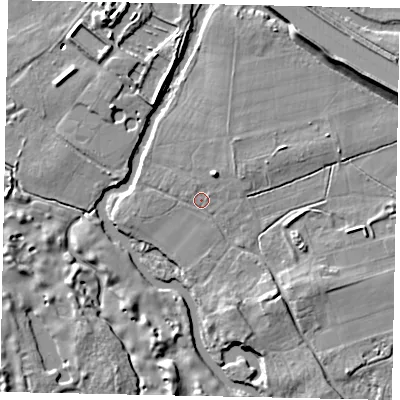 Shaded relief map of the ground around GU236QQ, computed from Environment Agency LiDAR. The ground here sits at about 18 m above sea level and falls 10 m across the surrounding 800 m. Surface water reaching this point runs off ground lying to the west-south-west, 1.5 m higher.