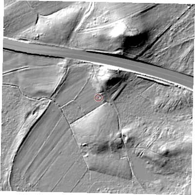 Shaded relief map of the ground around GU236QS, computed from Environment Agency LiDAR. The ground here sits at about 20 m above sea level and falls 23 m across the surrounding 800 m. Surface water reaching this point runs off ground lying to the north-north-east, 4.4 m higher.
