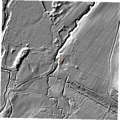 Shaded relief map of the ground around GU236QT, computed from Environment Agency LiDAR. The ground here sits at about 20 m above sea level and falls 13 m across the surrounding 800 m. Surface water reaching this point runs off ground lying to the east-south-east, 12.2 m higher.