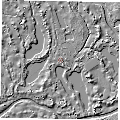 Shaded relief map of the ground around GU236QU, computed from Environment Agency LiDAR. The ground here sits at about 19 m above sea level and falls 8 m across the surrounding 800 m. Surface water reaching this point runs off ground lying to the north-north-east, 0.9 m higher.