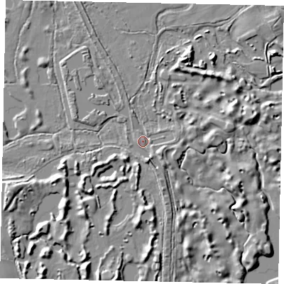 Shaded relief map of the ground around GU236QW, computed from Environment Agency LiDAR. The ground here sits at about 18 m above sea level and falls 8 m across the surrounding 800 m. Surface water reaching this point runs off ground lying to the east-south-east, 3.0 m higher.