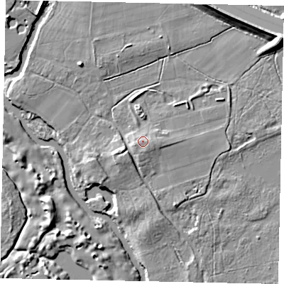 Shaded relief map of the ground around GU236QX, computed from Environment Agency LiDAR. The ground here sits at about 20 m above sea level and falls 12 m across the surrounding 800 m. Surface water reaching this point runs off ground lying to the west-south-west, 2.3 m higher.