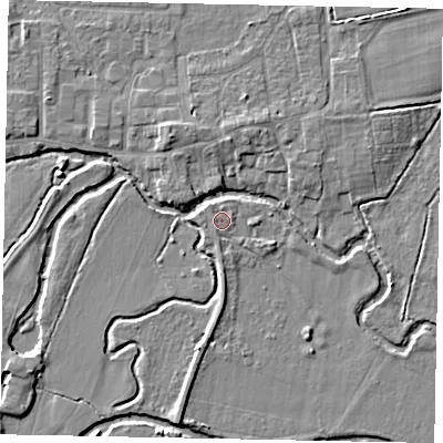 Shaded relief map of the ground around GU237AA, computed from Environment Agency LiDAR. The ground here sits at about 23 m above sea level and falls 5 m across the surrounding 800 m. Surface water reaching this point runs off ground lying to the west-south-west, 0.5 m higher.