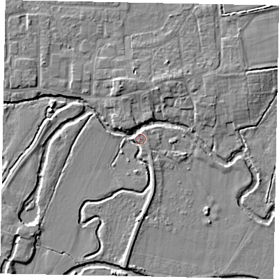 Shaded relief map of the ground around GU237AB, computed from Environment Agency LiDAR. The ground here sits at about 23 m above sea level and falls 5 m across the surrounding 800 m. Surface water reaching this point runs off ground lying to the north-north-west, 4.8 m higher.