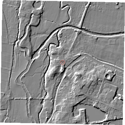 Shaded relief map of the ground around GU237AD, computed from Environment Agency LiDAR. The ground here sits at about 24 m above sea level and falls 8 m across the surrounding 800 m. Surface water reaching this point runs off ground lying to the south, 2.7 m higher.