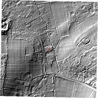 Shaded relief map of the ground around GU237BF, computed from Environment Agency LiDAR. The ground here sits at about 30 m above sea level and falls 16 m across the surrounding 800 m. Surface water reaching this point runs off ground lying to the west-south-west, 8.0 m higher.
