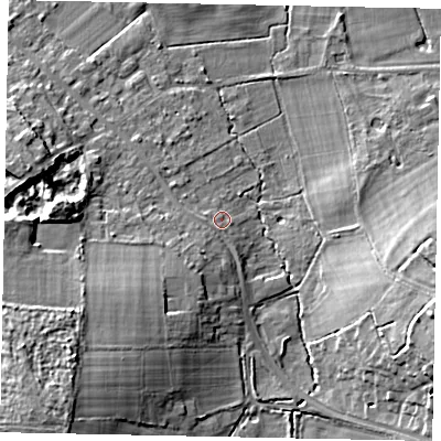 Shaded relief map of the ground around GU237BP, computed from Environment Agency LiDAR. The ground here sits at about 30 m above sea level and falls 17 m across the surrounding 800 m. Surface water reaching this point runs off ground lying to the south-west, 6.1 m higher.