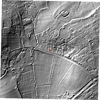 Shaded relief map of the ground around GU237BT, computed from Environment Agency LiDAR. The ground here sits at about 32 m above sea level and falls 18 m across the surrounding 800 m. Surface water reaching this point runs off ground lying to the east-south-east, 13.9 m higher.
