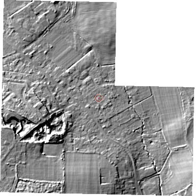 Shaded relief map of the ground around GU237DG, computed from Environment Agency LiDAR. The ground here sits at about 29 m above sea level and falls 13 m across the surrounding 800 m. Surface water reaching this point runs off ground lying to the south-south-west, 9.3 m higher.