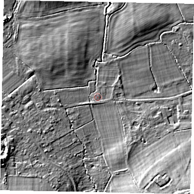 Shaded relief map of the ground around GU237DH, computed from Environment Agency LiDAR. The ground here sits at about 27 m above sea level and falls 15 m across the surrounding 800 m. Surface water reaching this point runs off ground lying to the south-south-west, 1.2 m higher.