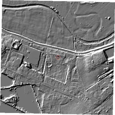 Shaded relief map of the ground around GU237EB, computed from Environment Agency LiDAR. The ground here sits at about 24 m above sea level and falls 8 m across the surrounding 800 m. Surface water reaching this point runs off ground lying to the north, 1.0 m higher.
